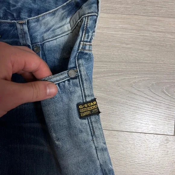 Y2K G Star RAW Attacc Low Straight Jeans Blue Distressed Denim Jeans Size 30